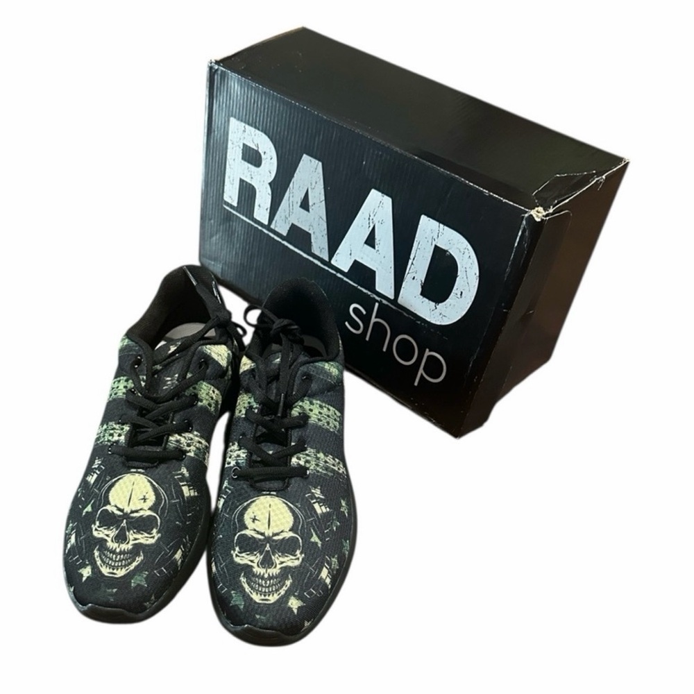 Men's “RAAD SHOP” Black and Green Skull Athletic Shoes 9.5M